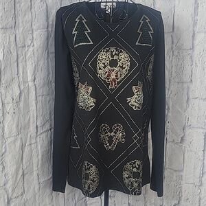 REBECCA MALONE Long-sleeved black blouse with intricate golden‎ embroidery. L